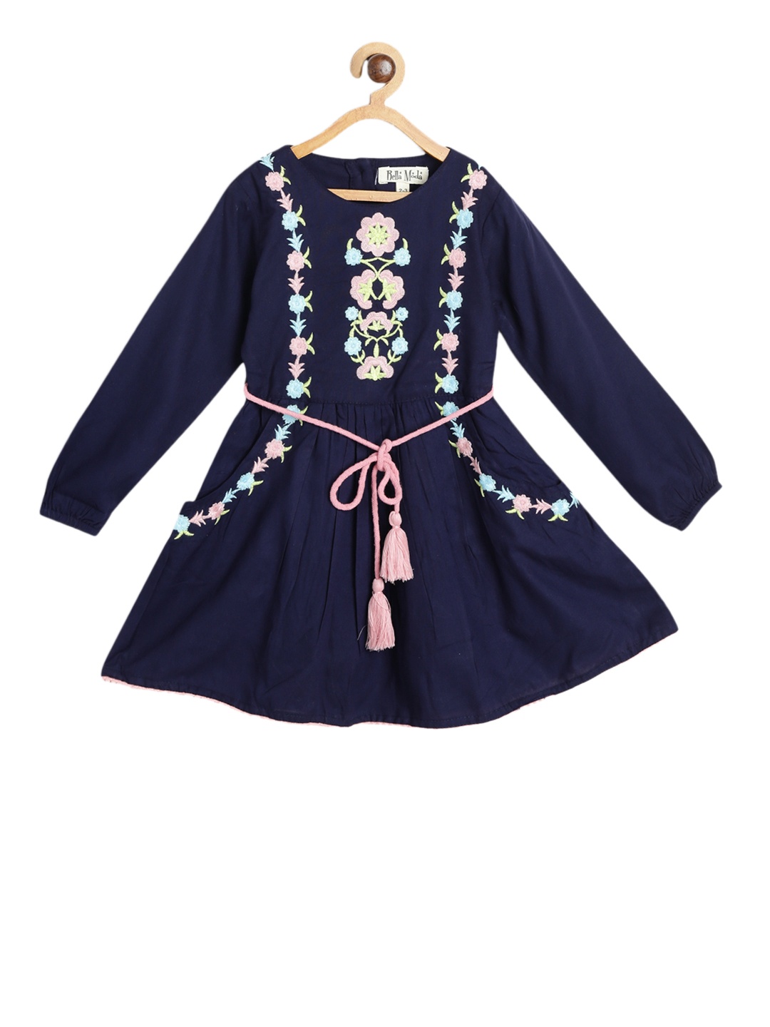 Bella Moda Girls Navy Blue Floral Embroidered Fit and Flare Dress