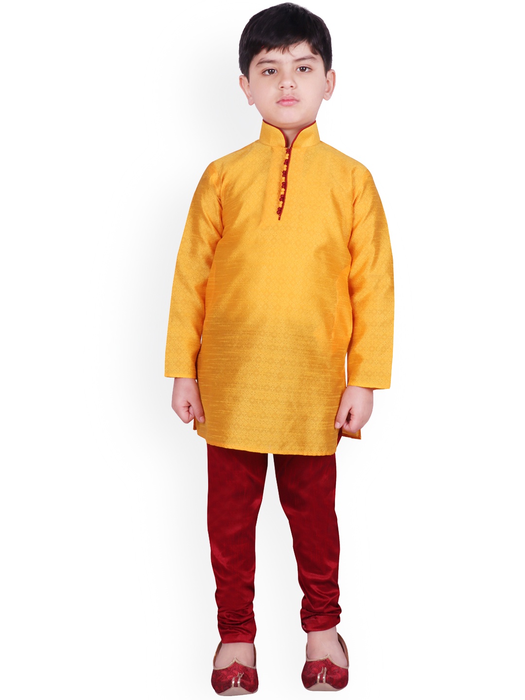 

SG YUVRAJ Boys Yellow & Maroon Self Design Kurta with Churidar