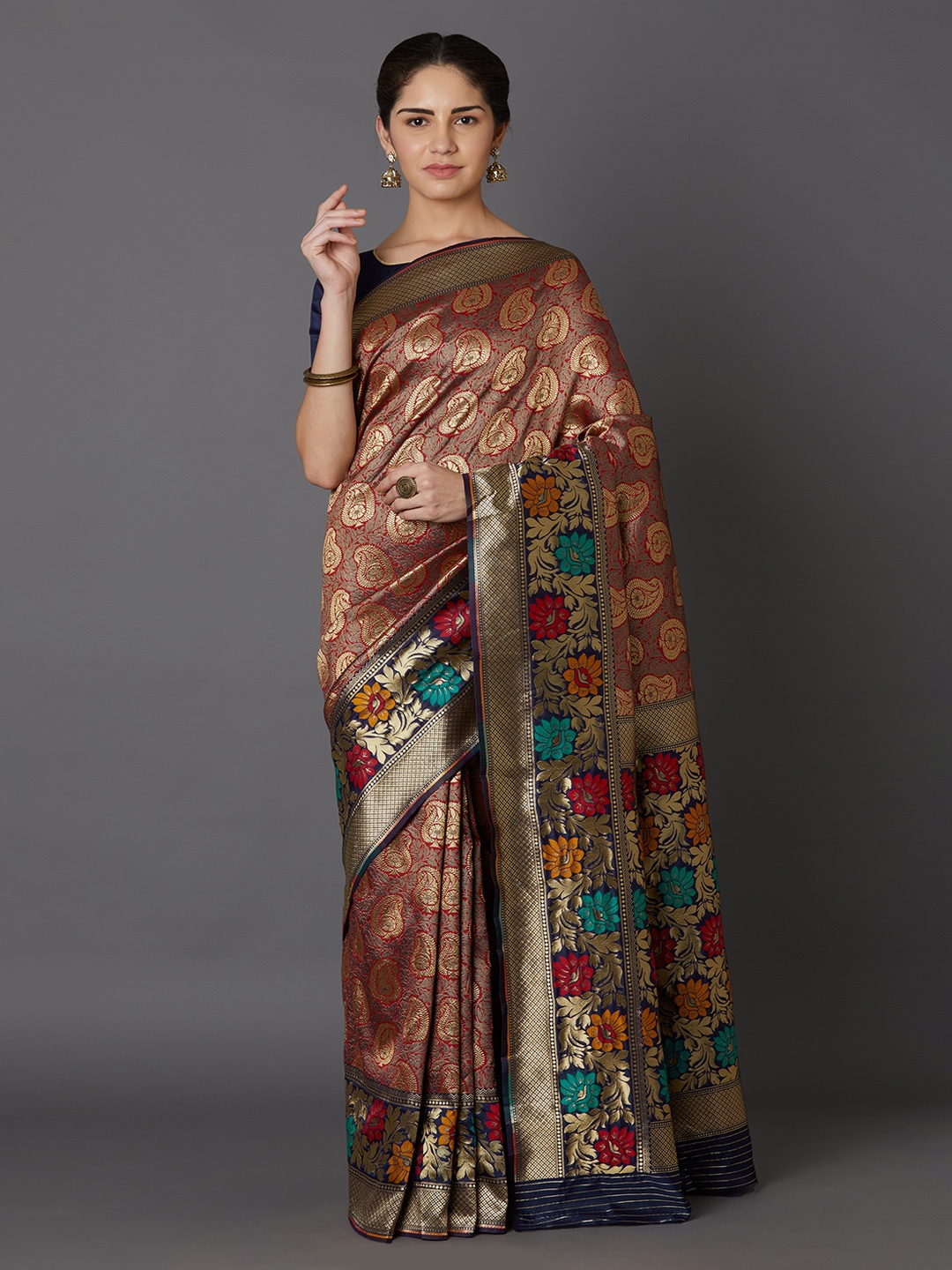 Mitera Coral & Gold-Toned Silk Blend Woven Design Kanjeevaram Saree