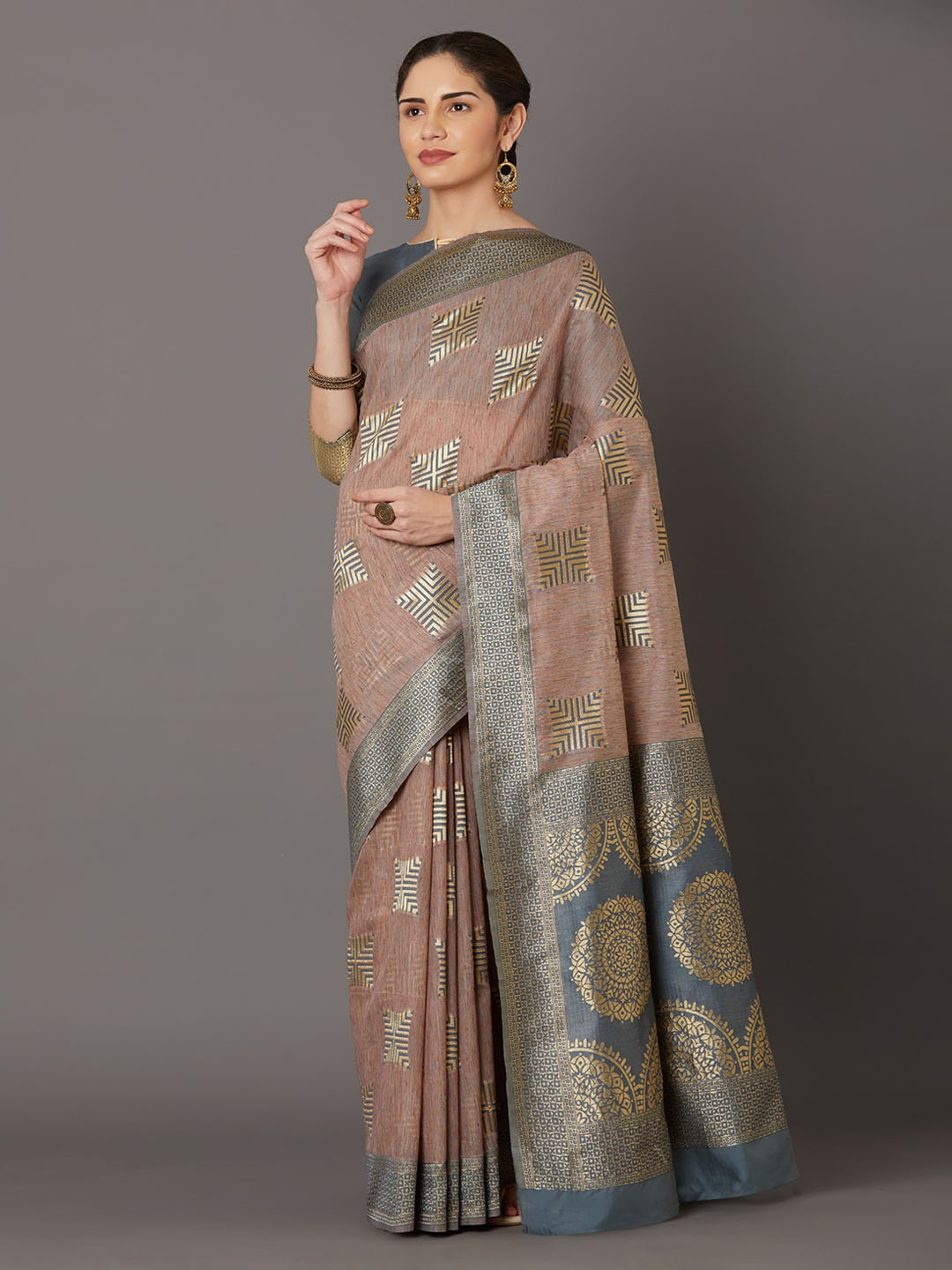 

Mitera Tan Brown & Silver-Toned Silk Blend Woven Design Kanjeevaram Saree