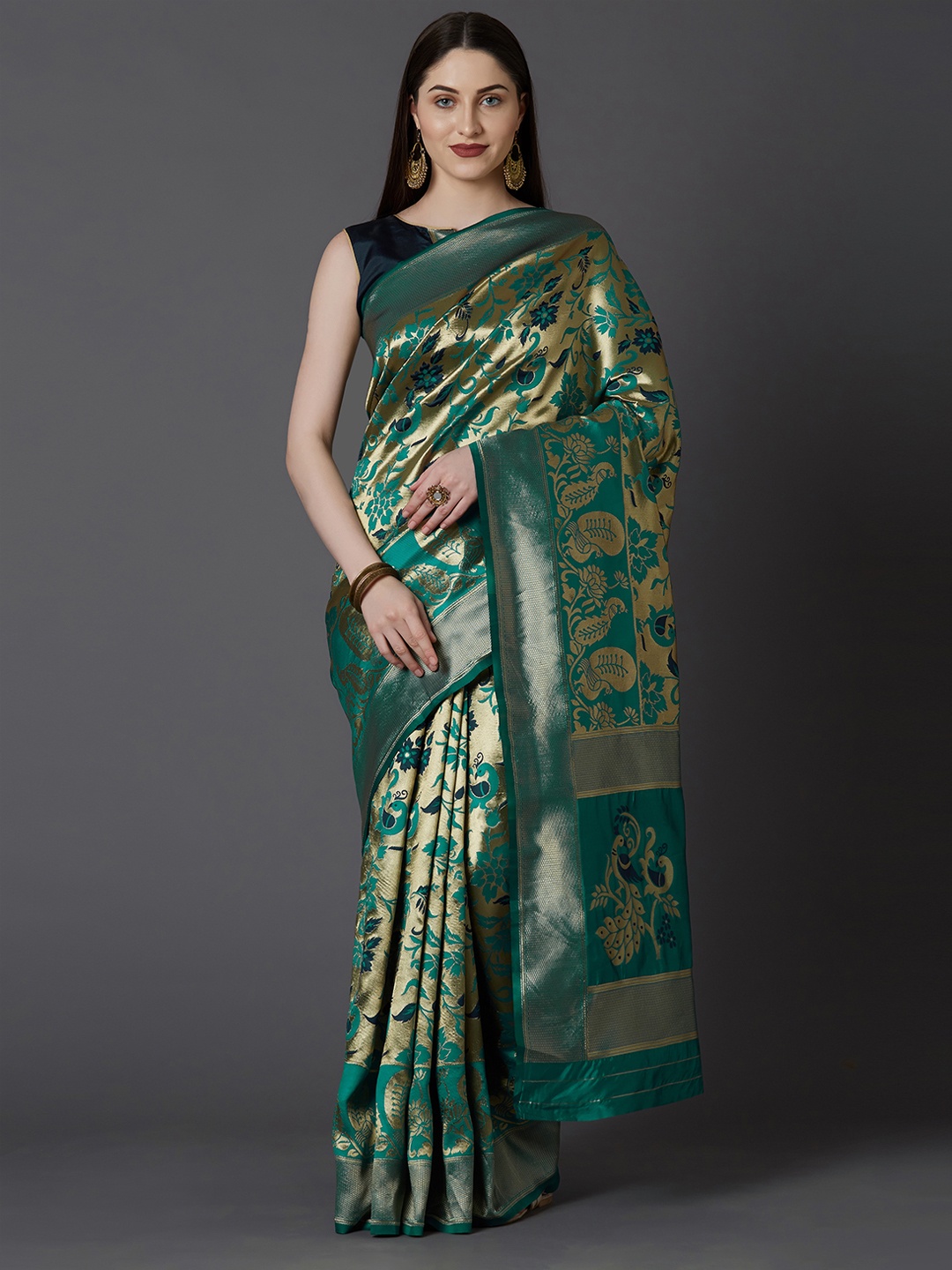 

Mitera Green & Gold-Toned Silk Blend Woven Design Kanjeevaram Saree