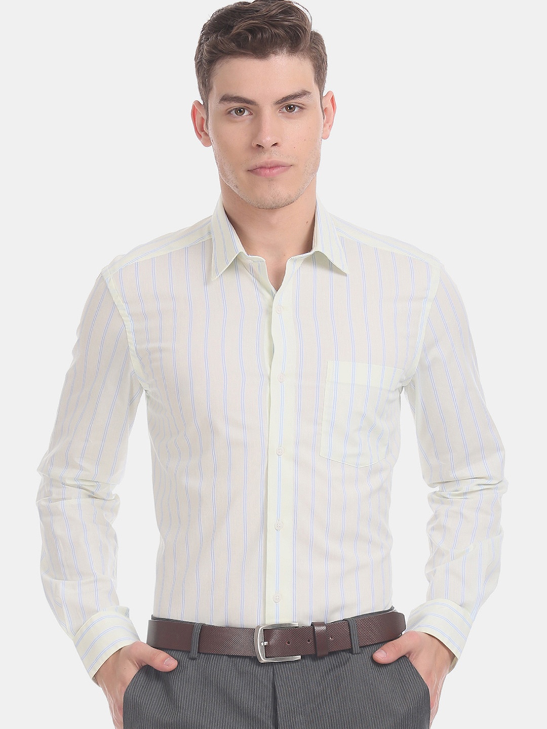 

Arrow Men Cream-Coloured & Blue Regular Fit Striped Formal Shirt