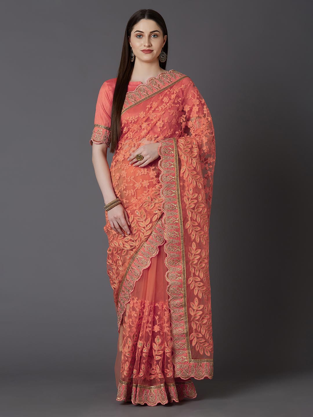 

Mitera Peach-Coloured Woven Design Net Party Saree