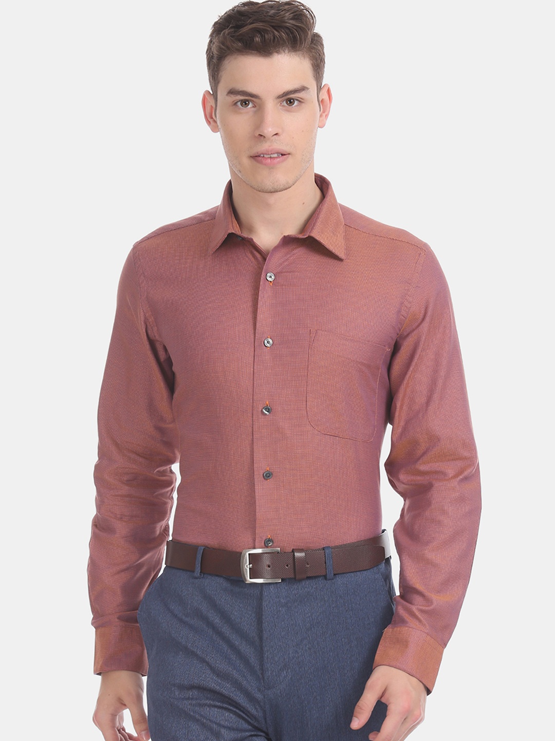

Arrow Men Orange Regular Fit Self Design Formal Shirt