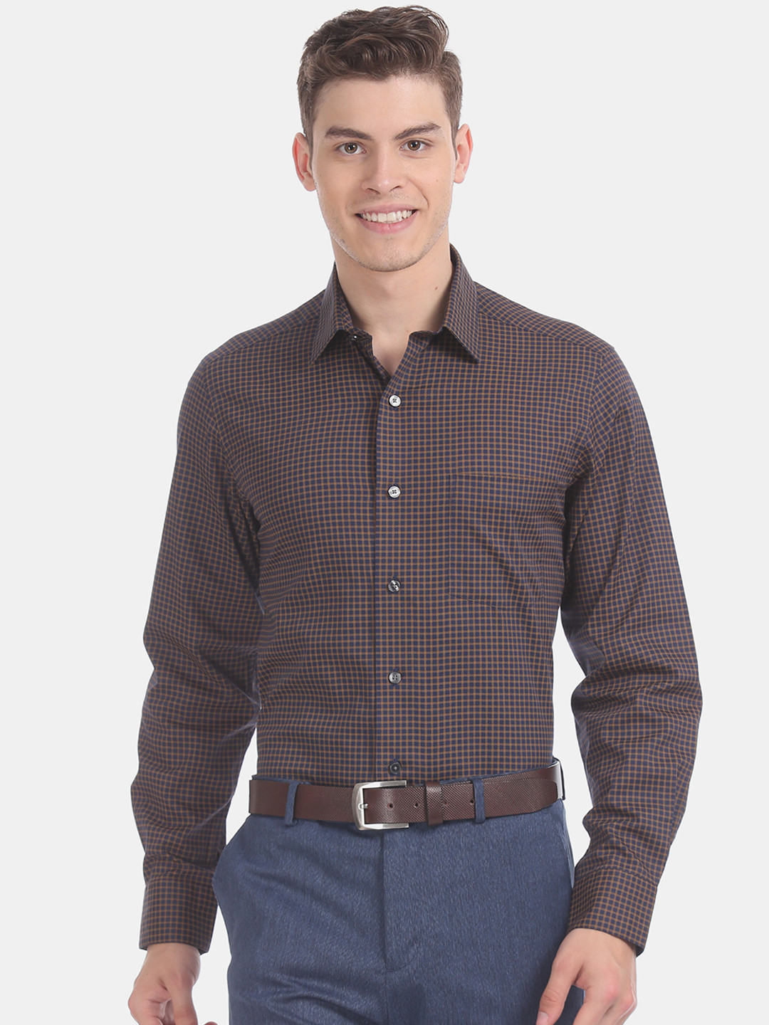 

Arrow Men Blue & Brown Regular Fit Checked Formal Shirt