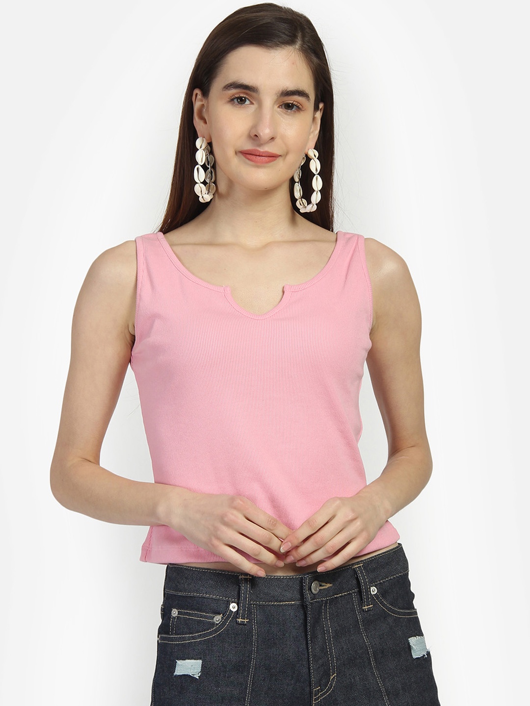

Yaadleen Women Pink Solid Crop Pure Cotton Top
