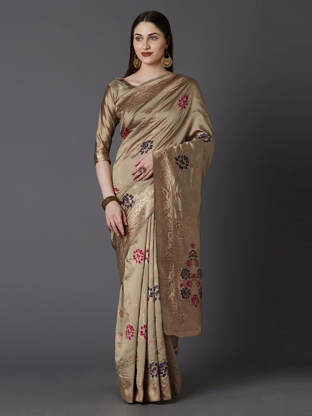 

Mitera Beige Silk Blend Woven Design Kanjeevaram Saree