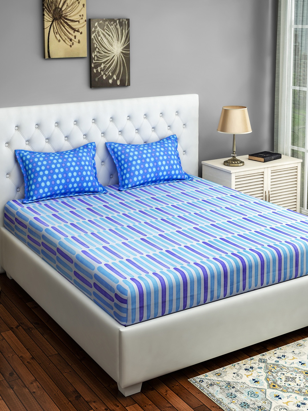 

SWAYAM Blue Floral 144 TC Cotton 1 King Bedsheet with 2 Pillow Covers