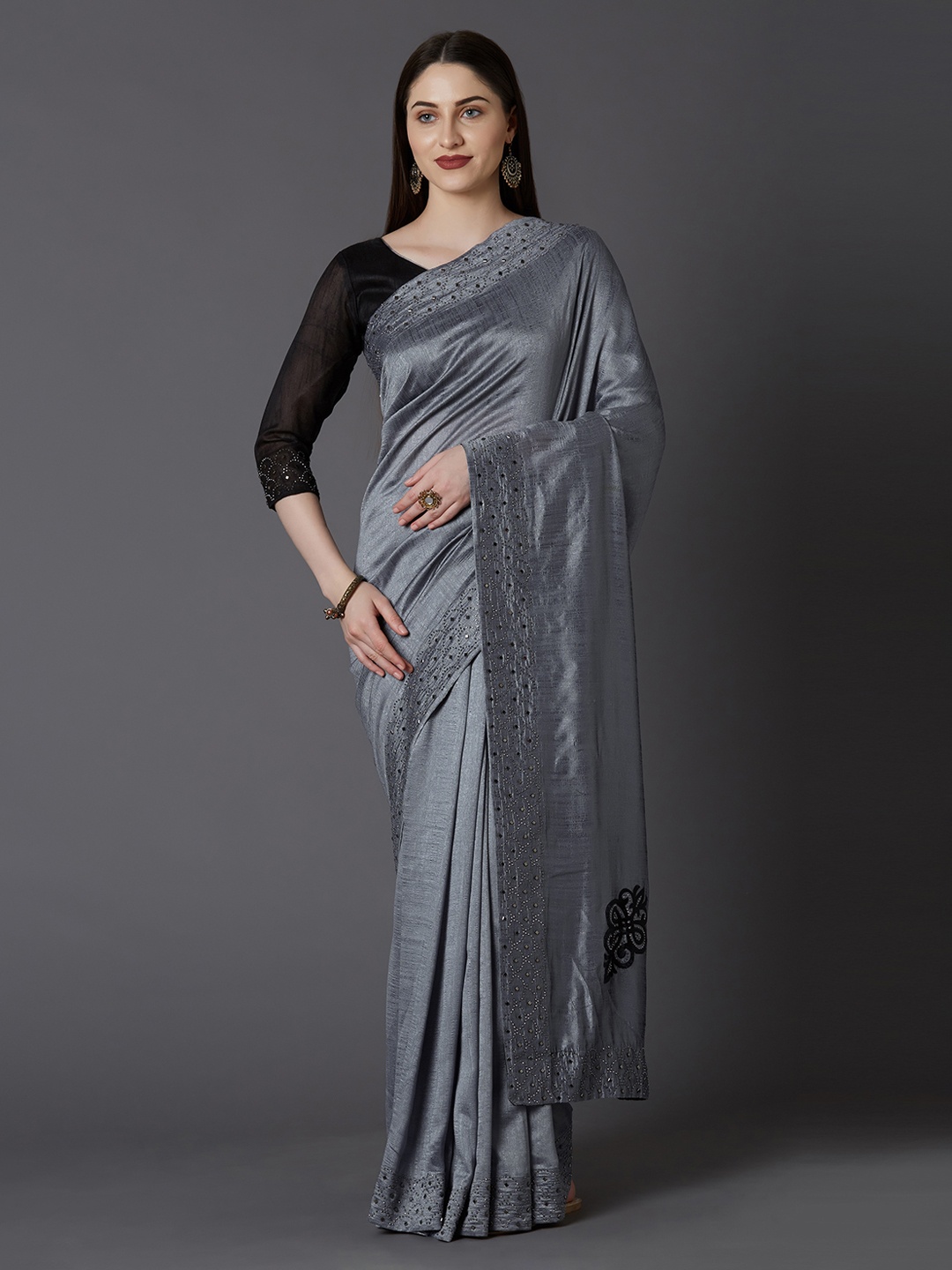 

Mitera Grey Embellished Poly Silk Party Saree