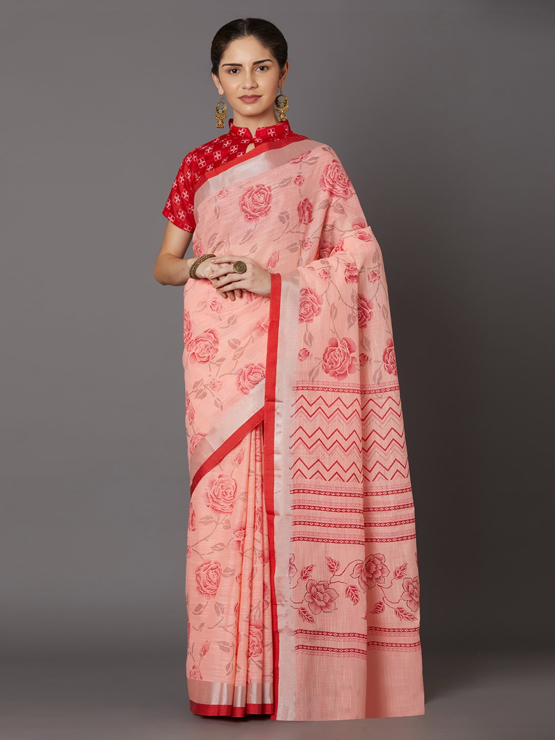 Mitera Pink Silk Blend Woven Design Kanjeevaram Saree