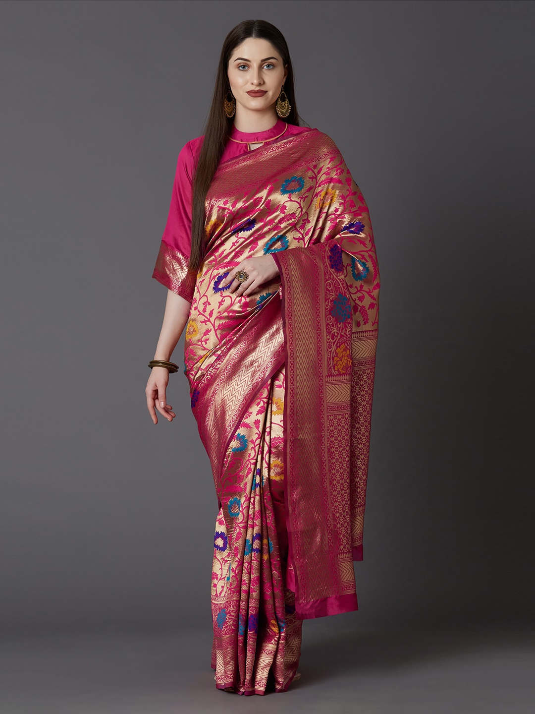 

Mitera Pink & Gold-Toned Silk Blend Woven Design Kanjeevaram Saree