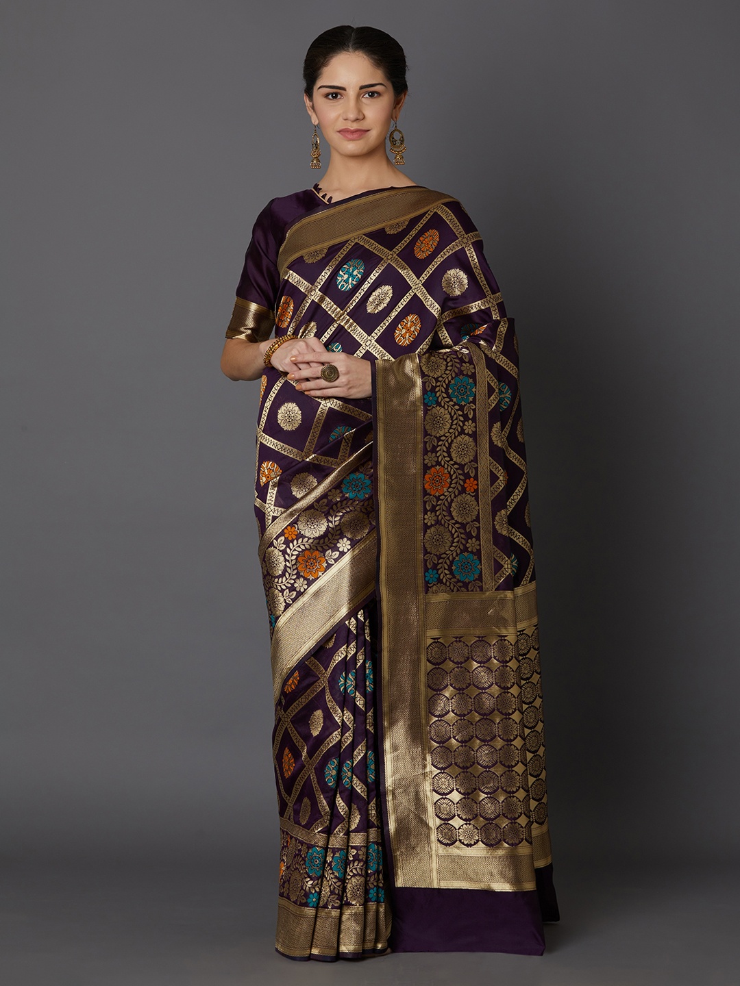 

Mitera Purple & Gold-Toned Silk Blend Woven Design Kanjeevaram Saree