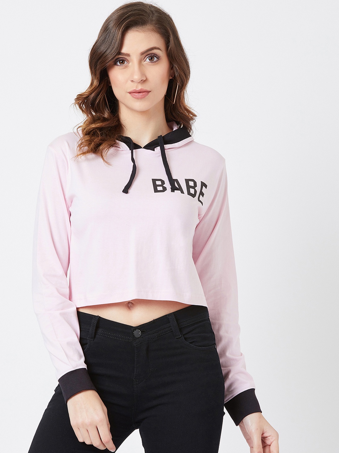 

The Dry State Women Pink Solid Hood Crop T-shirt