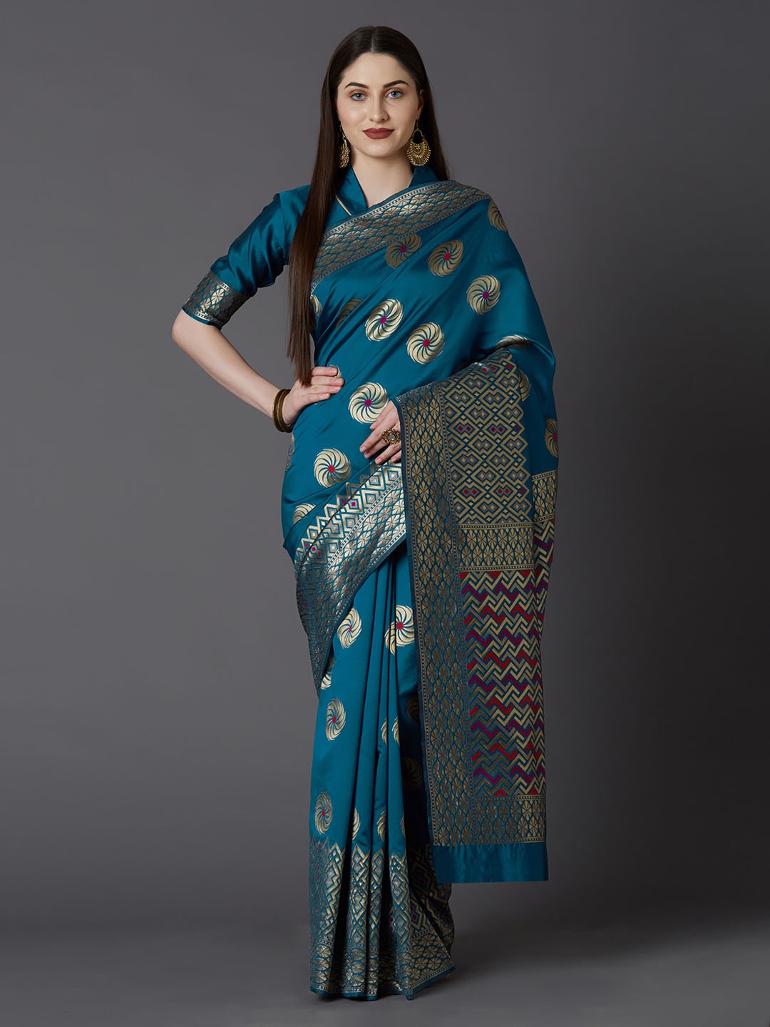 

Mitera Teal Blue Silk Blend Woven Design Kanjeevaram Saree
