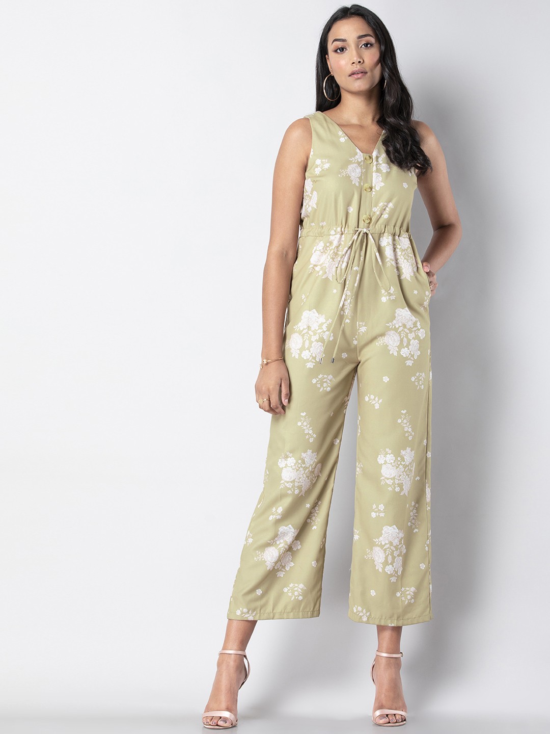 

FabAlley Women Green & White Printed Basic Jumpsuit