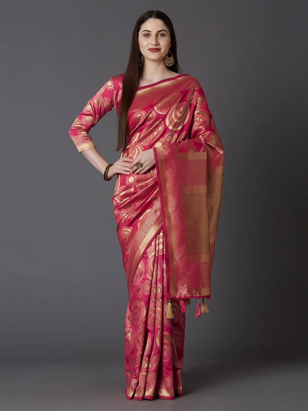

Mitera Pink & Gold-Toned Silk Blend Woven Design Kanjeevaram Saree