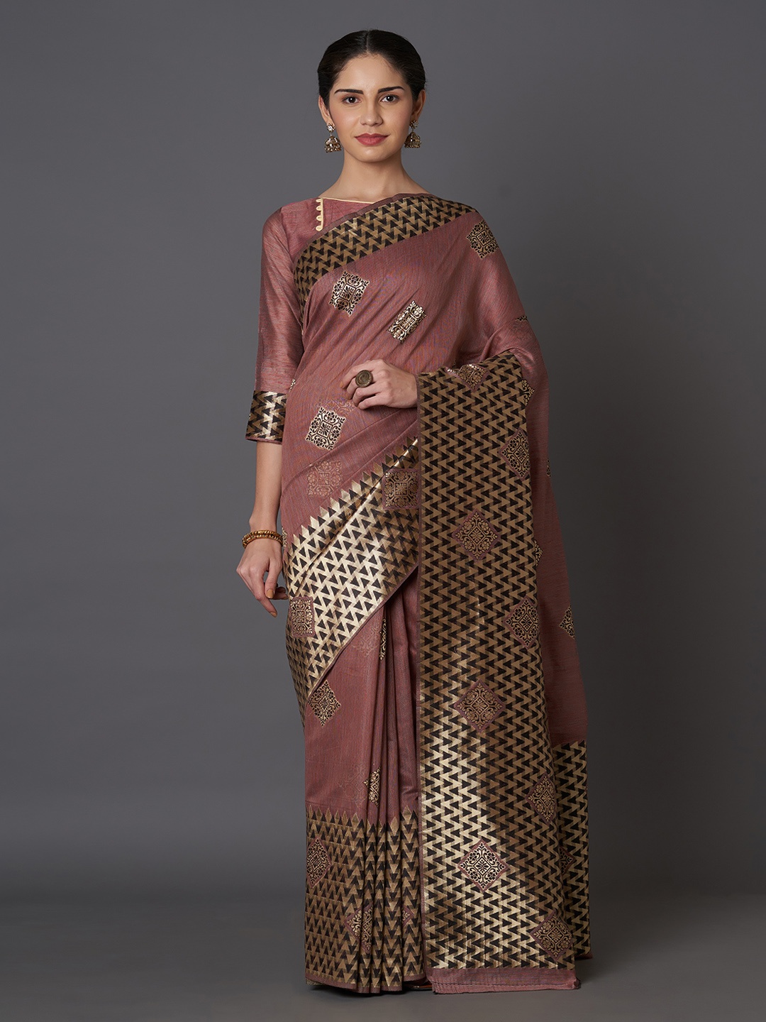 

Mitera Copper & Gold-Toned Silk Blend Woven Design Kanjeevaram Saree