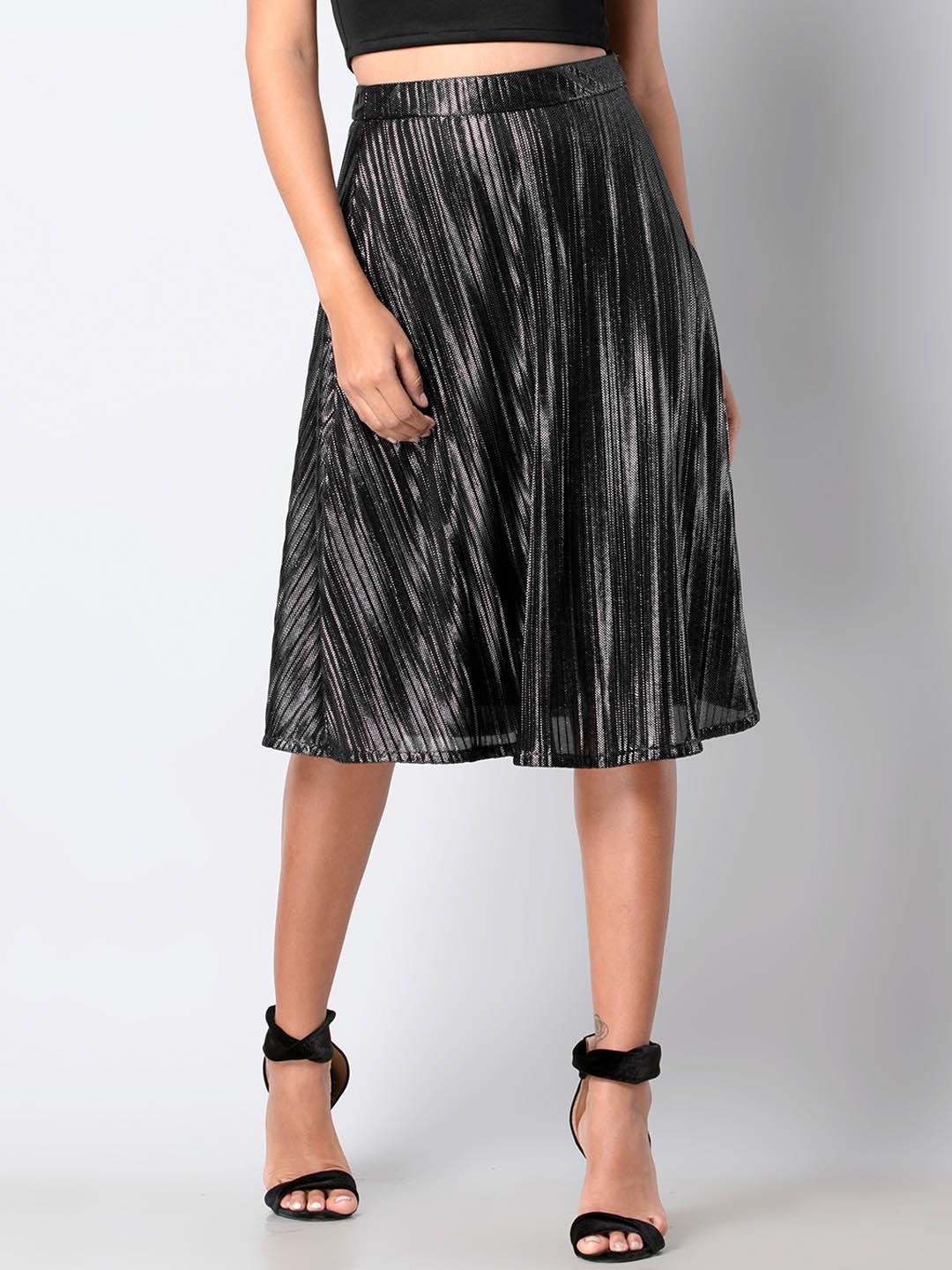 

FabAlley Women Black Solid A-Line Midi Skirt