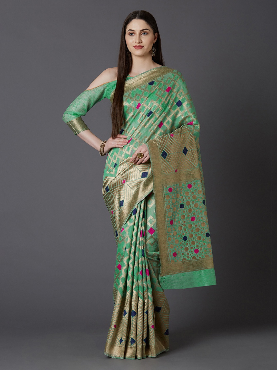 

Mitera Sea Green & Gold-Toned Silk Blend Woven Design Kanjeevaram Saree