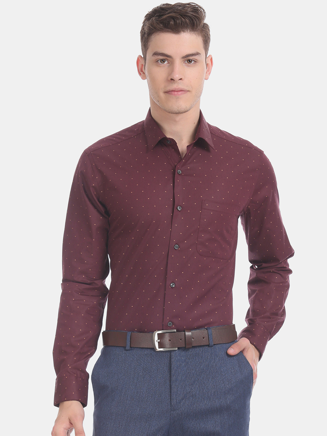 

Arrow Men Burgundy & Bronze-Toned Slim Fit Printed Formal Shirt
