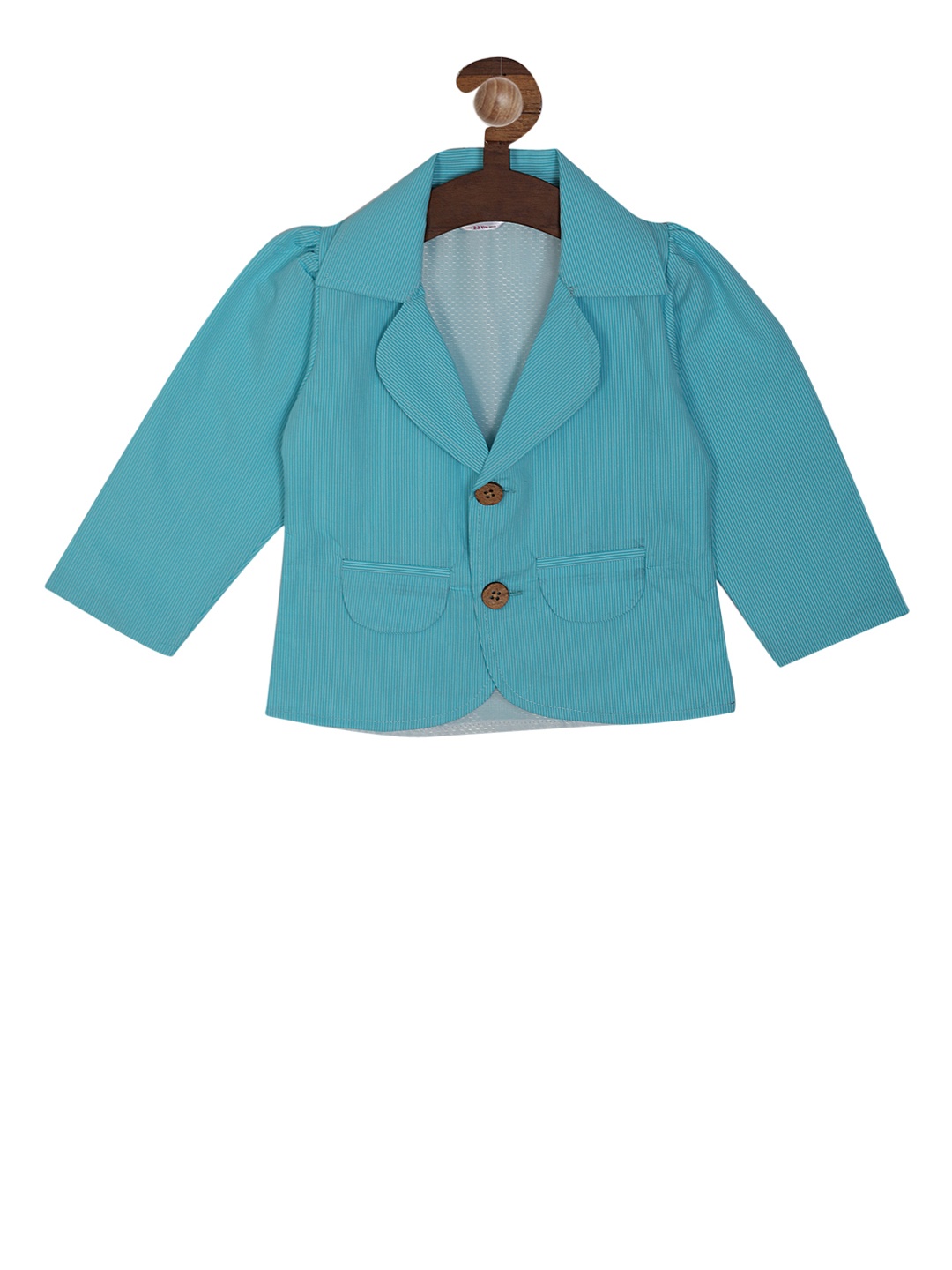 

RIKIDOOS Girls Teal Blue Striped Single-Breasted Party Pure Cotton Blazer