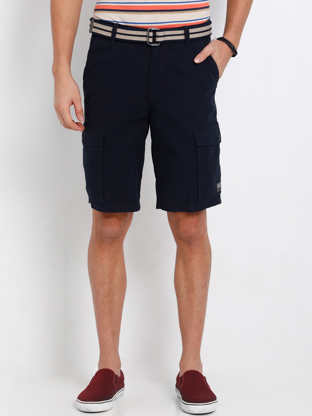 

t-base Men Navy Blue Solid Regular Fit Cargo Shorts