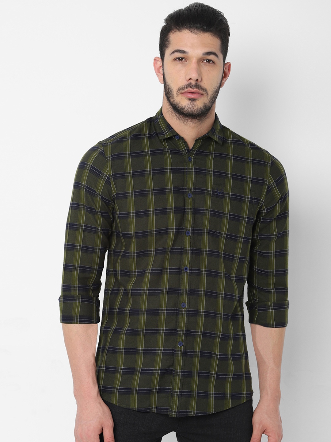 

Allen Solly Sport Men Olive Green & Black Regular Fit Checked Casual Shirt