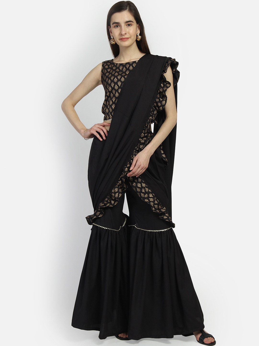 

studio rasa Black & Gold-Coloured Pure Crepe Block Printed Ready to wear Sharara & dupatta