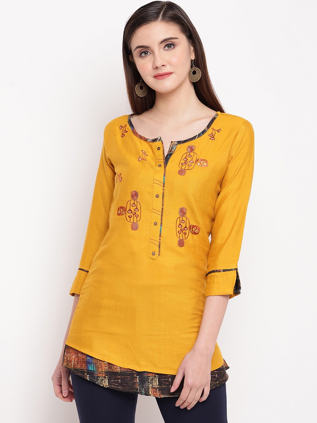 Kvsfab Women Mustard Yellow Woven Design A-Line Kurti
