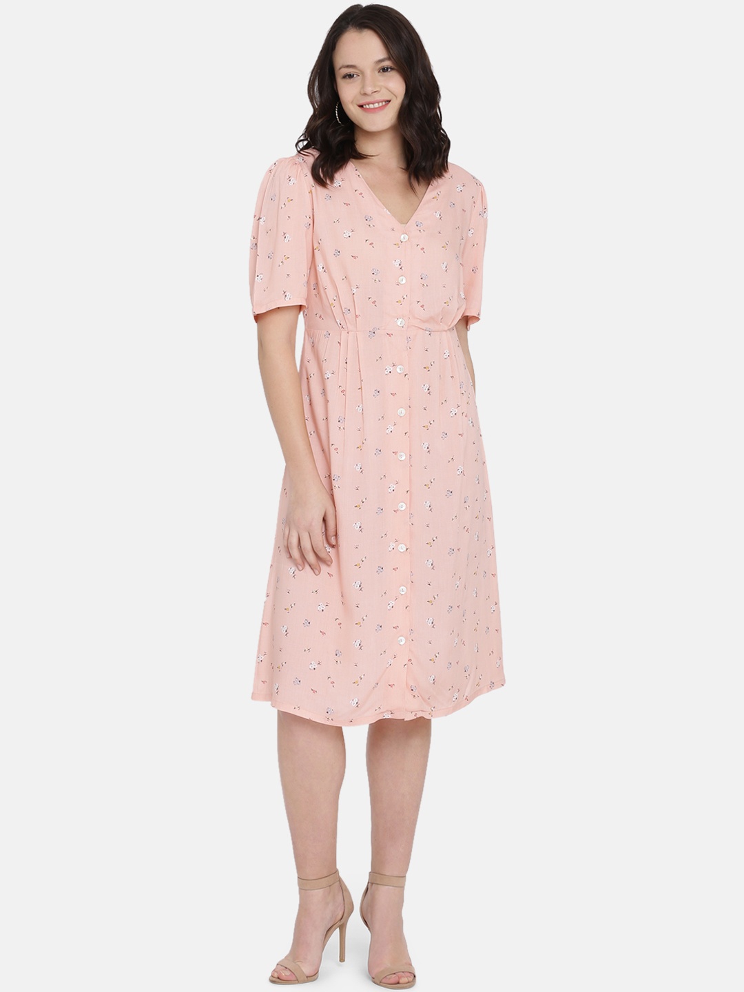

ISU Women Peach-Coloured Printed Fit and Flare Dress