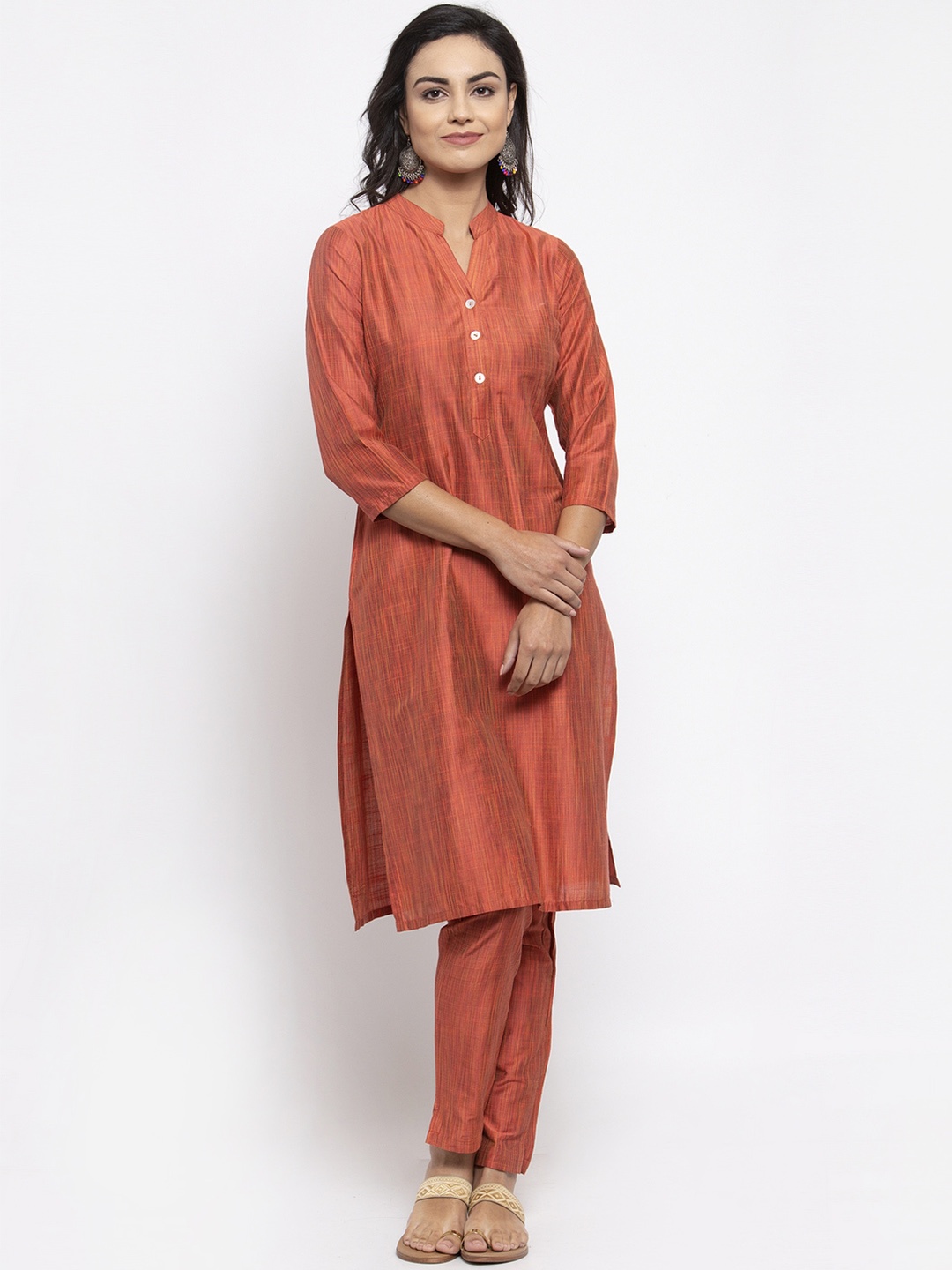 

Jompers Women Orange Self Design Kurta with Trousers