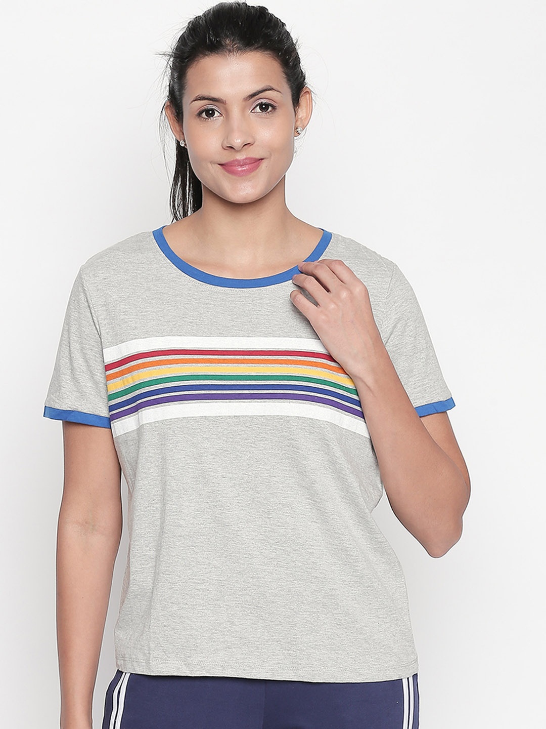 

Ajile by Pantaloons Women Grey Melange Striped Round Neck T-shirt