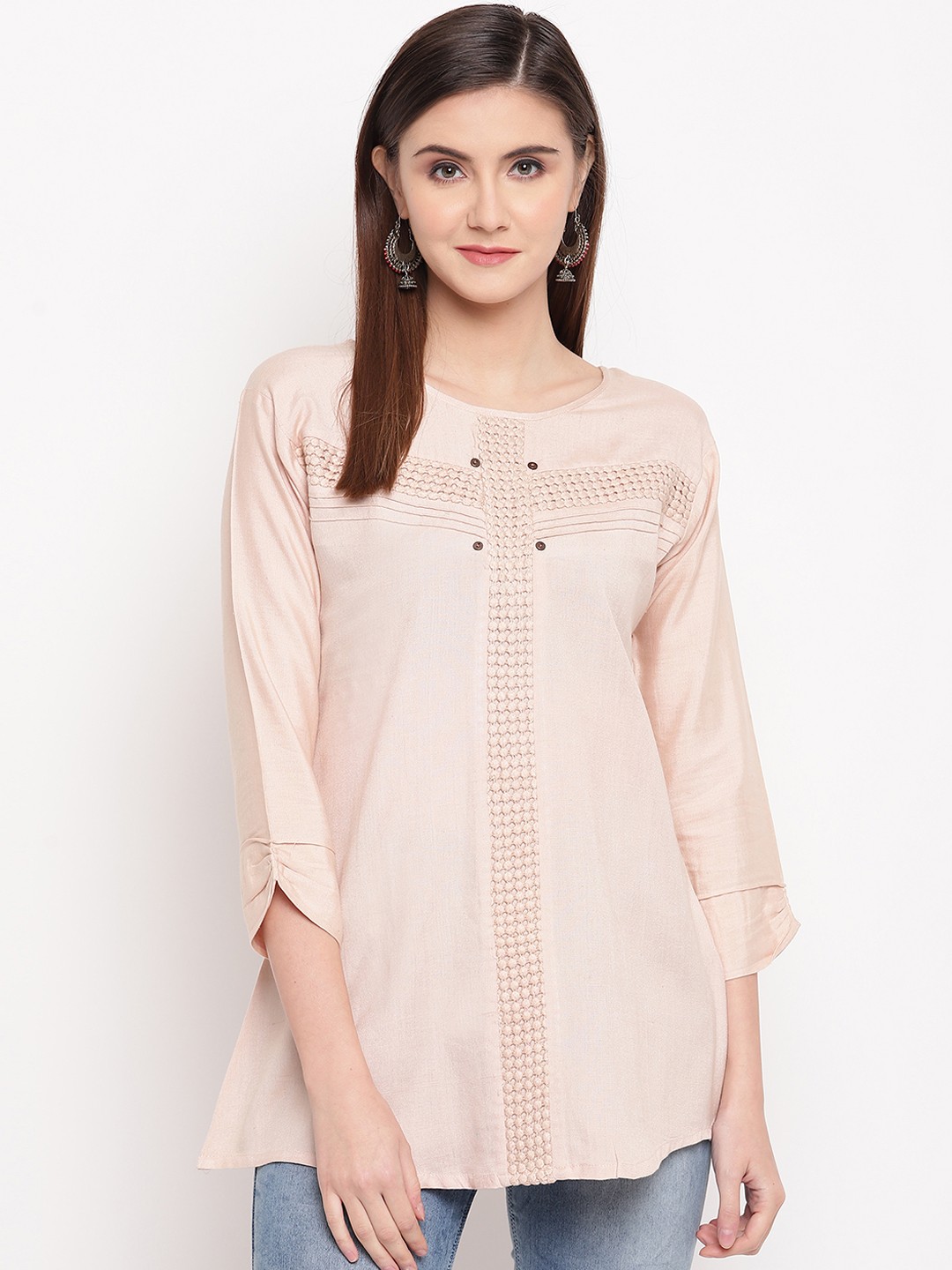 

Kvsfab Women Beige Woven Design Straight Kurti