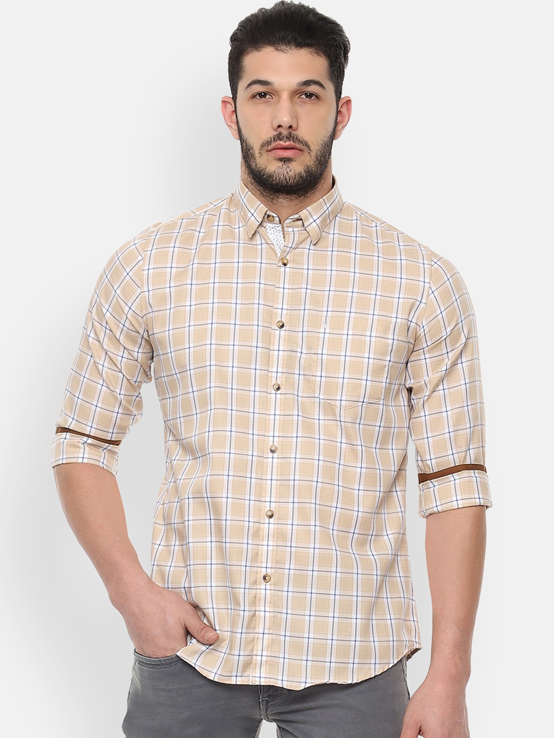 

Van Heusen Sport Men Beige & Blue Slim Fit Checked Casual Shirt