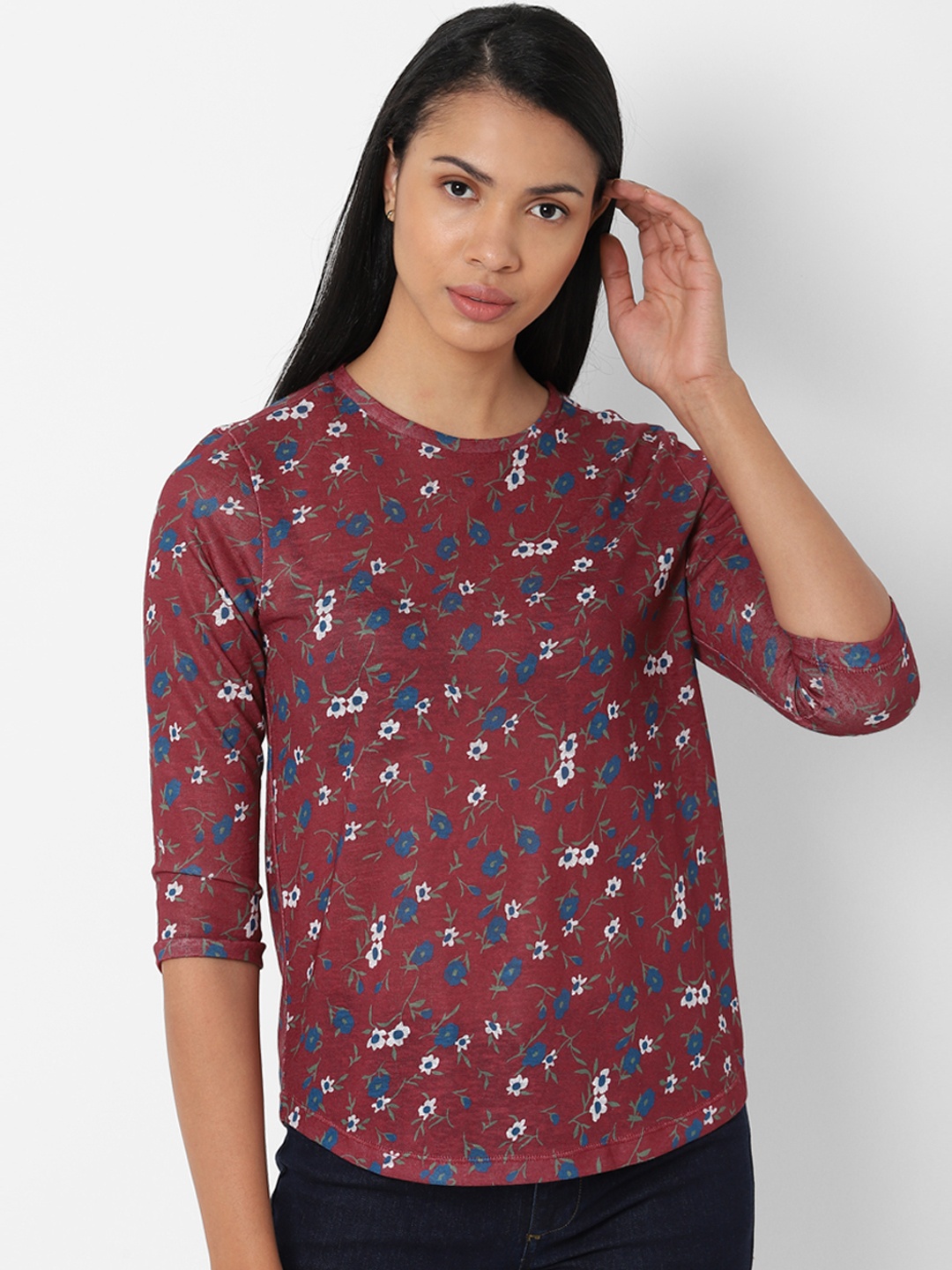 

Allen Solly Woman Maroon & Blue Printed Top