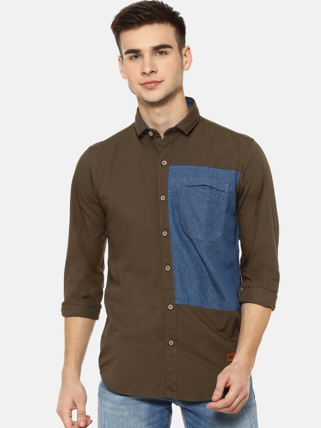 

Campus Sutra Men Olive Green & Blue Regular Fit Colourblocked Casual Shirt