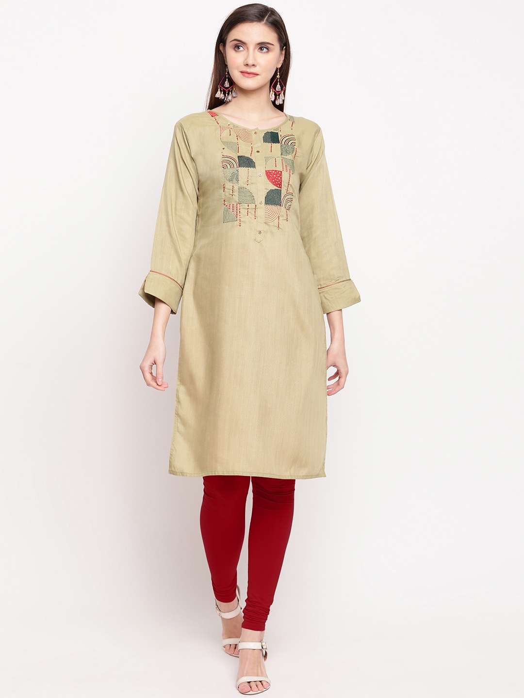 

Kvsfab Women Olive Green Embroidered Straight Kurta