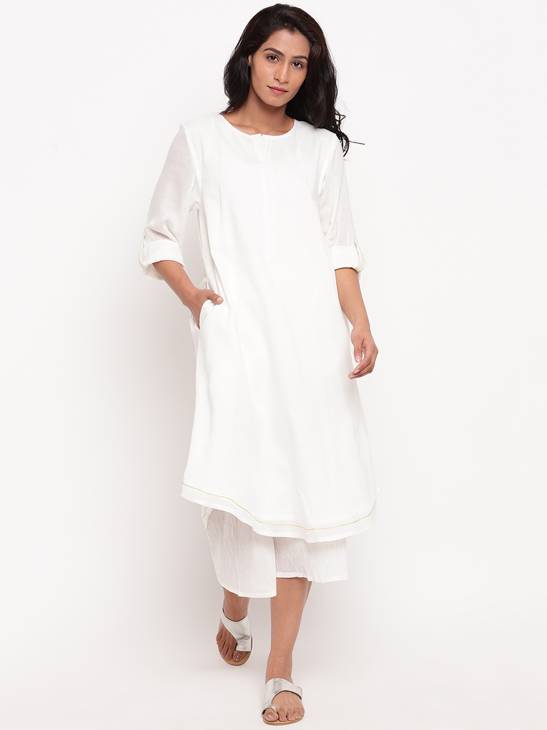 

trueBrowns Women White Solid A-Line Kurta