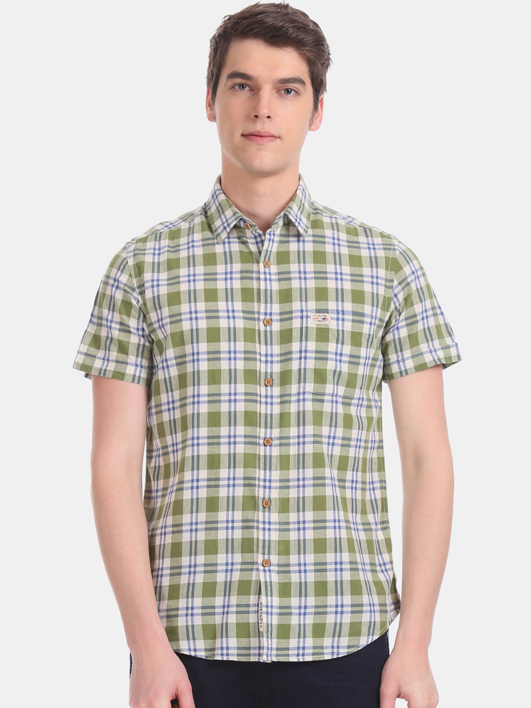 

U.S. Polo Assn. Denim Co. Men Green & White Regular Fit Checked Casual Shirt