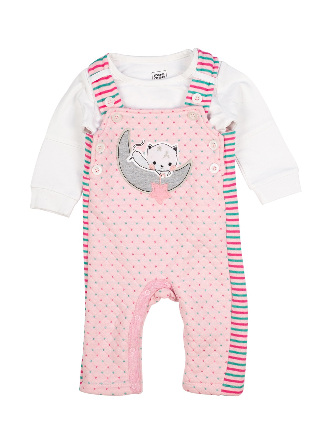 

MeeMee Infant Girls White & Pink Solid T-shirt with Dungarees
