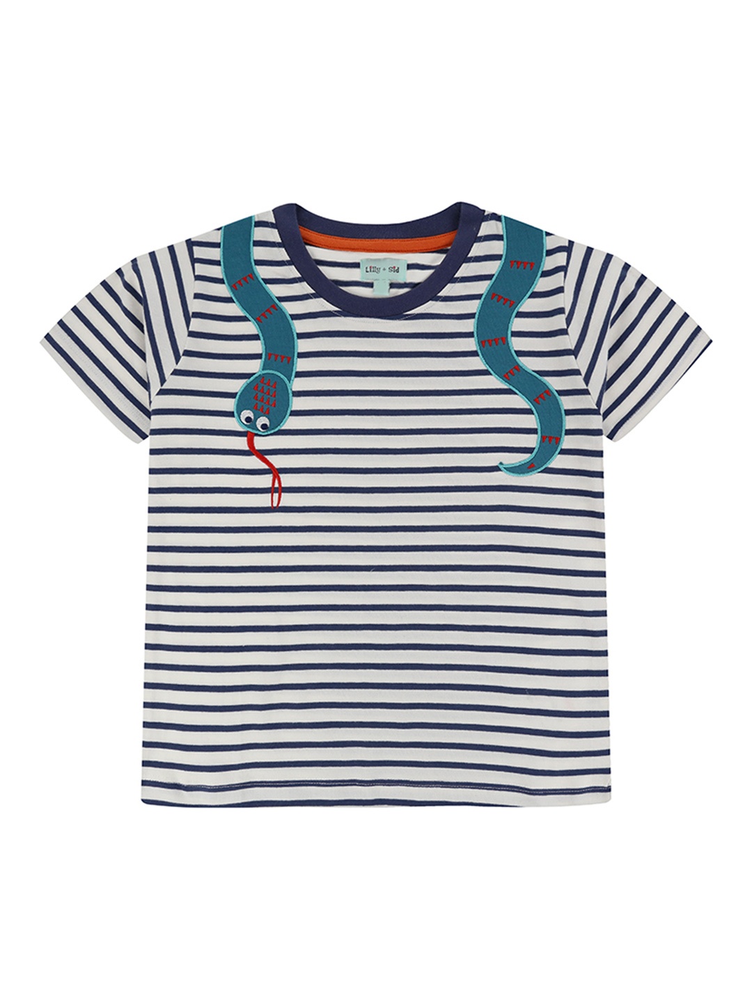 

Lilly and Sid Boys Navy Blue Off-White Striped Round Neck Organic Cotton T-shirt