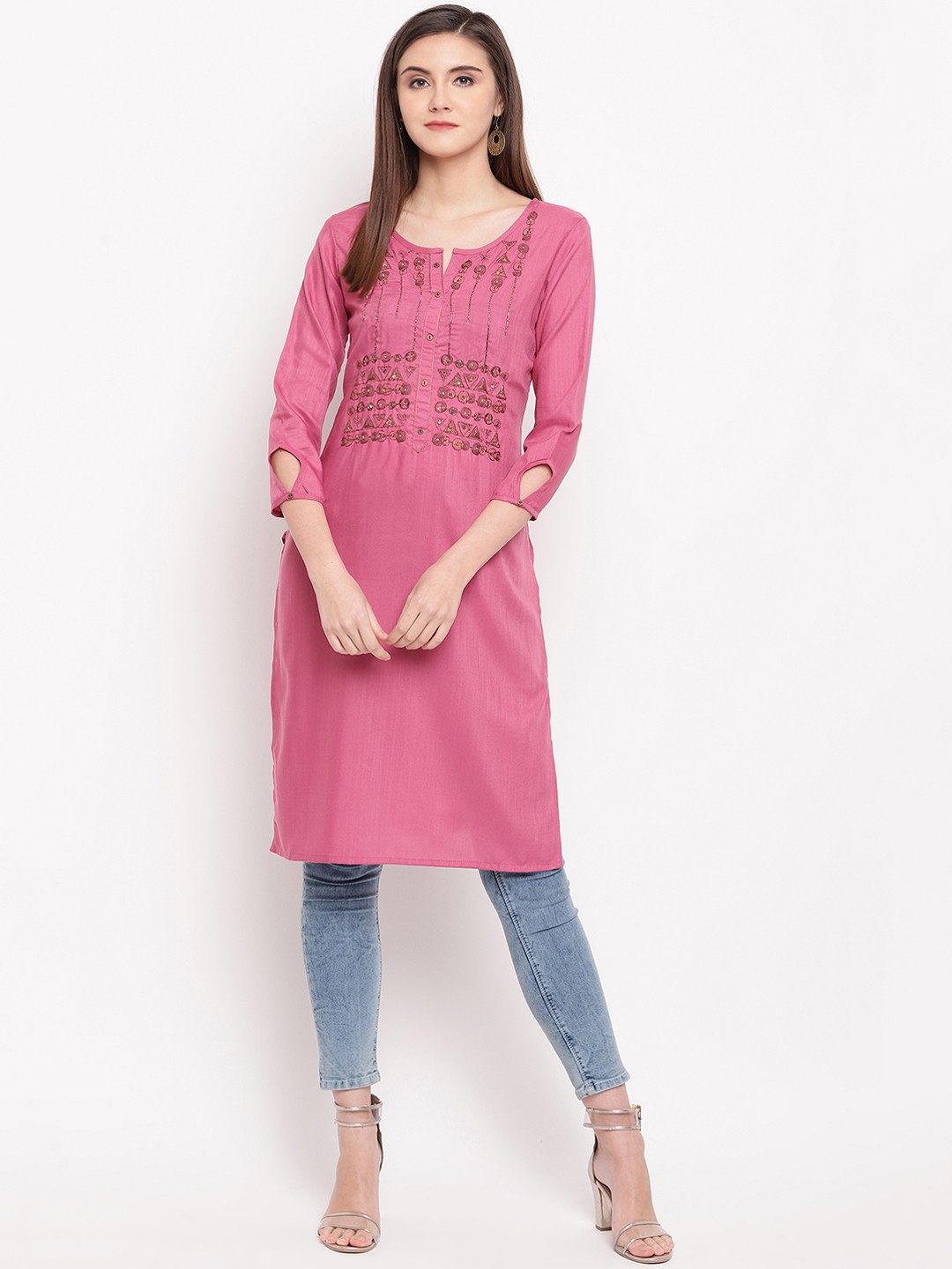 

Kvsfab Women Pink Embroidered Straight Kurta