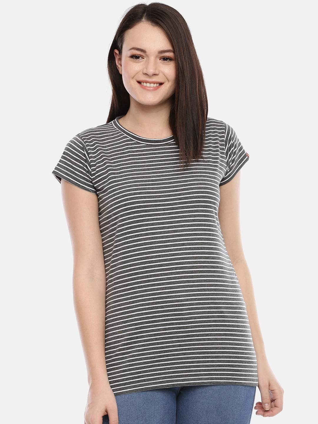 

GOLDSTROMS Women Charcoal Black & White Striped Round Neck T-shirt