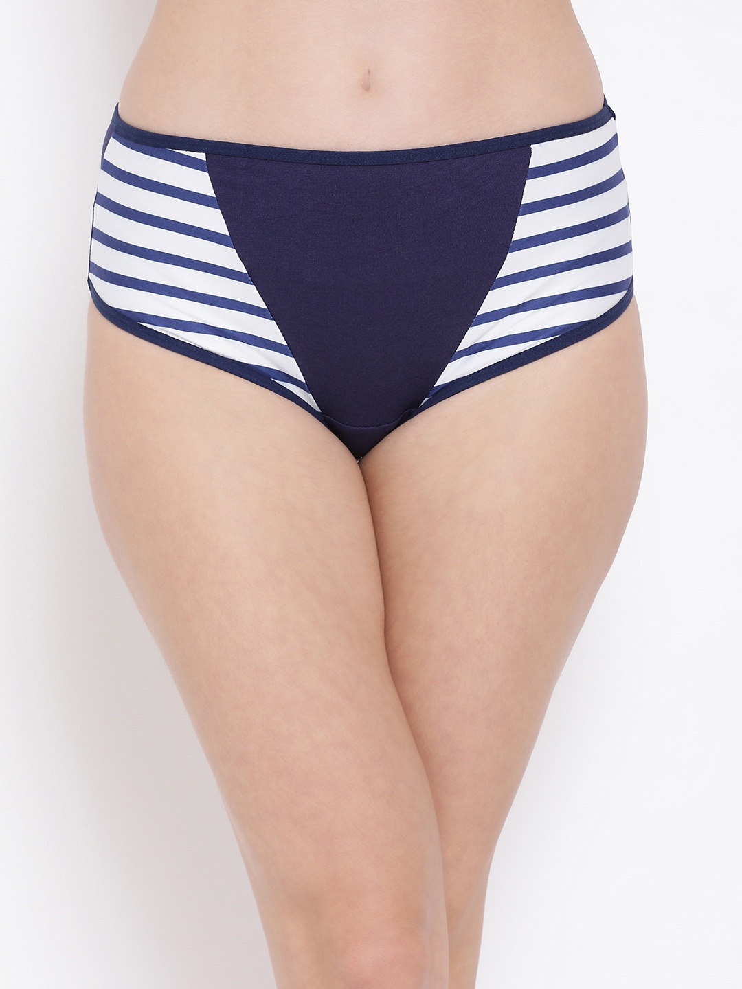 Clovia Women Blue & White Printed Hipster Brief With Striped Panels PN3428P08