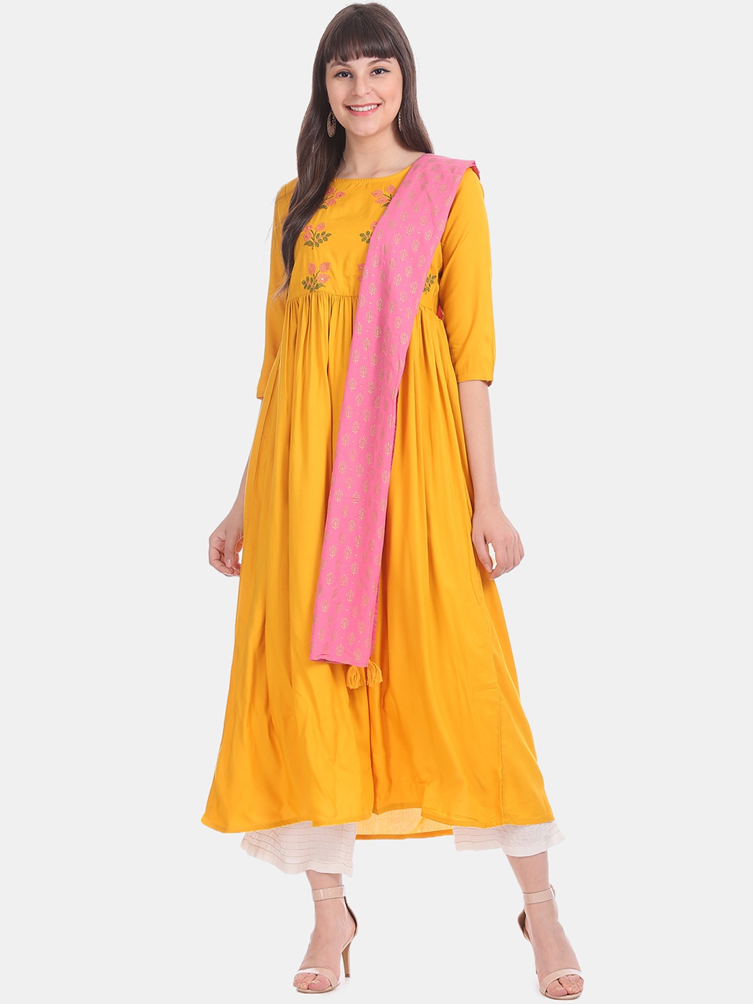 

Anahi Women Yellow Printed Anarkali Kurta With Dupatta