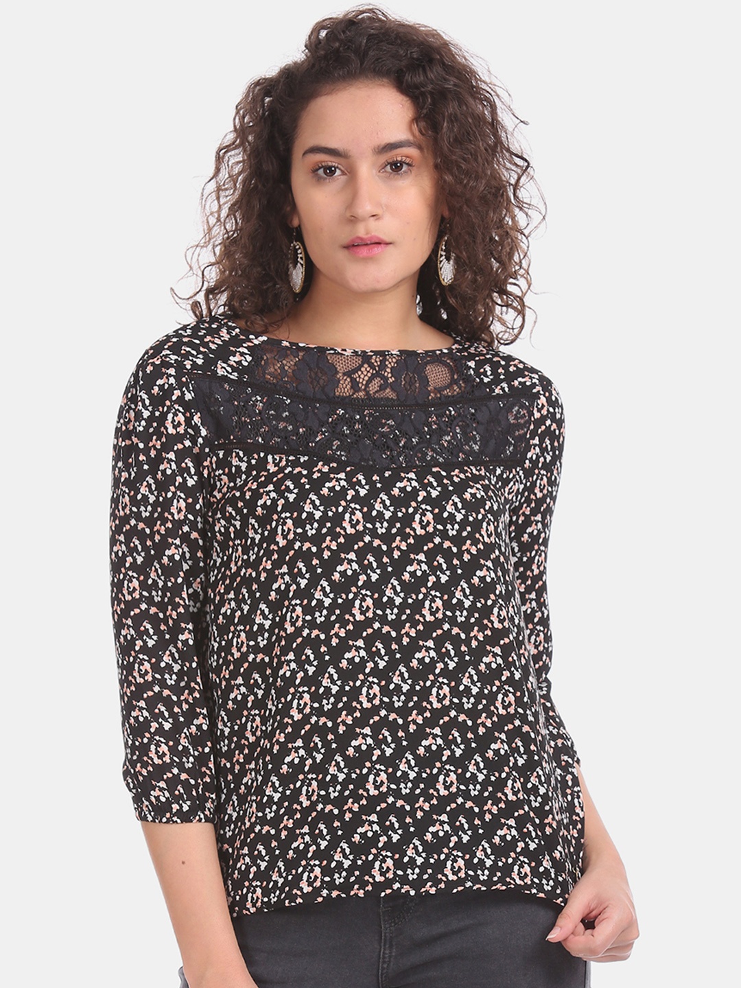 Cherokee Women Black & Off-White Lace Yoke Floral Print Top