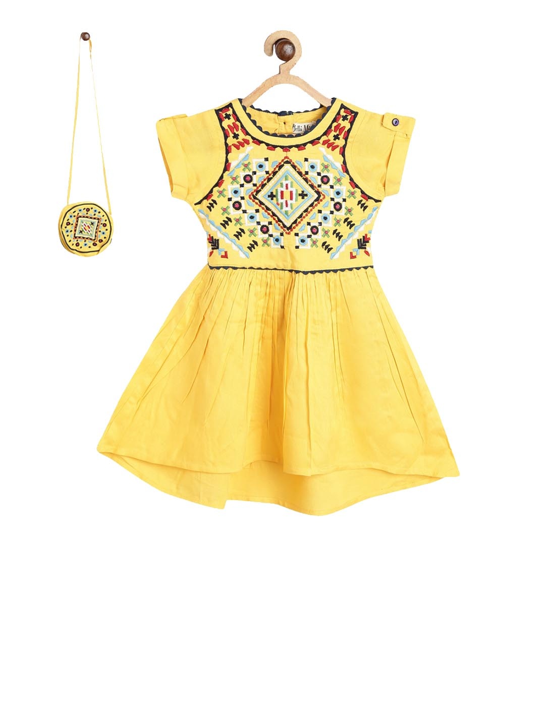 

Bella Moda Girls Yellow Embroidered Fit and Flare Dress with a Sling Bag