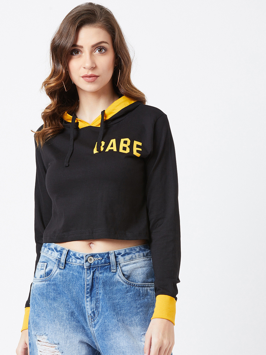 

The Dry State Women Black Solid Hood Crop T-shirt