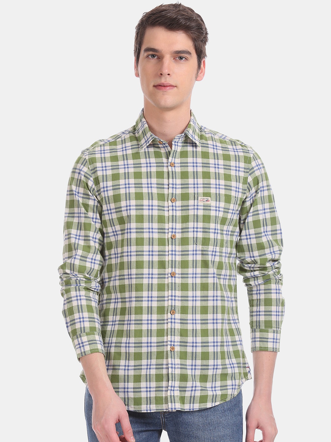 

U.S. Polo Assn. Denim Co. Men Green & White Regular Fit Checked Casual Shirt