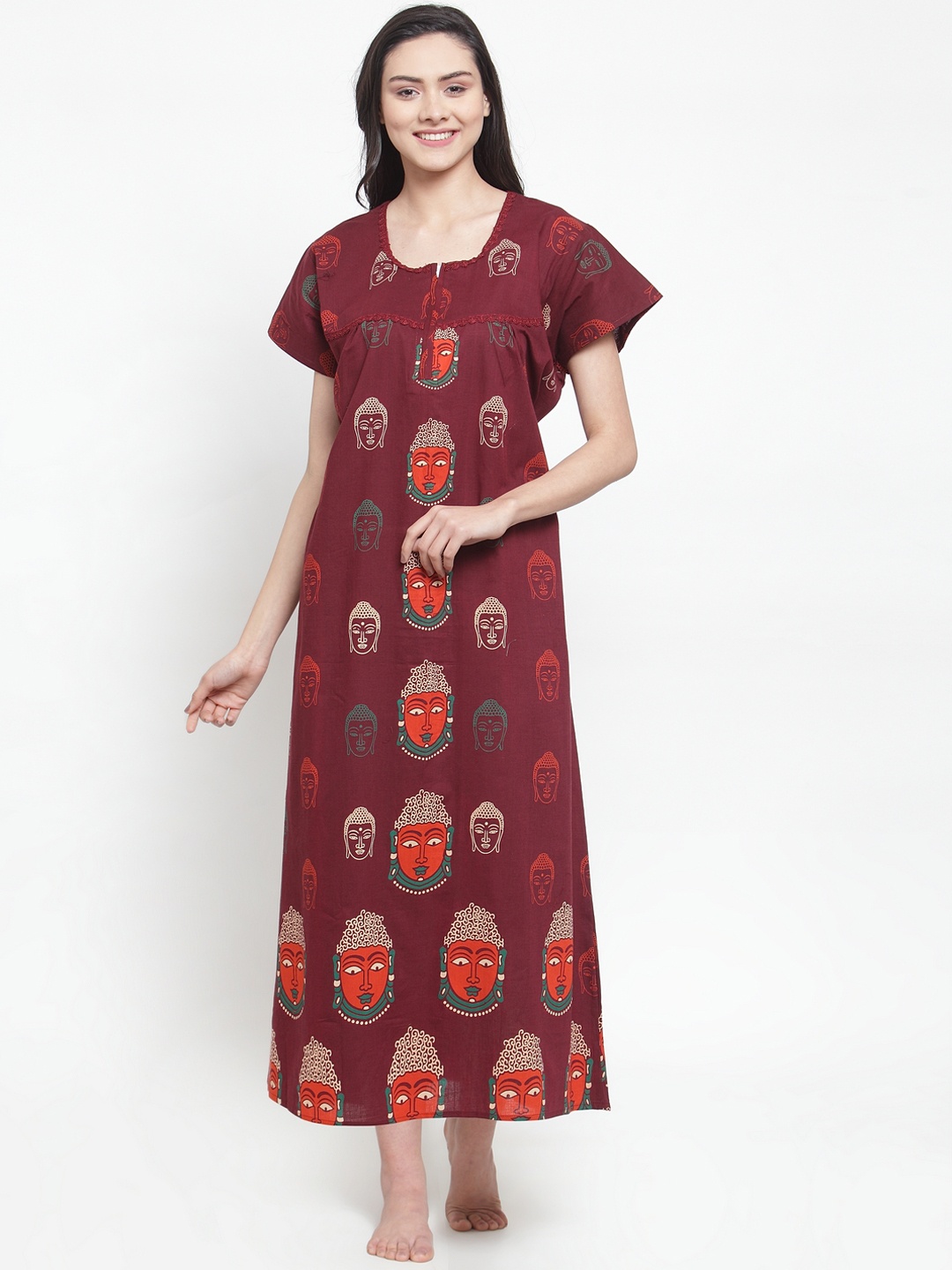 

Secret Wish Maroon & Green Printed Nightdress